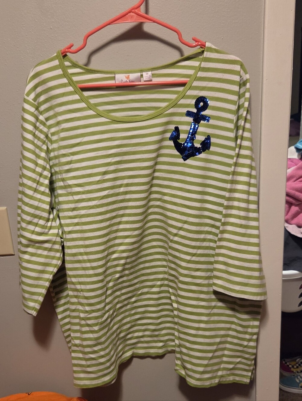 Womens' Green Striped Top with Navy Anchor Detail